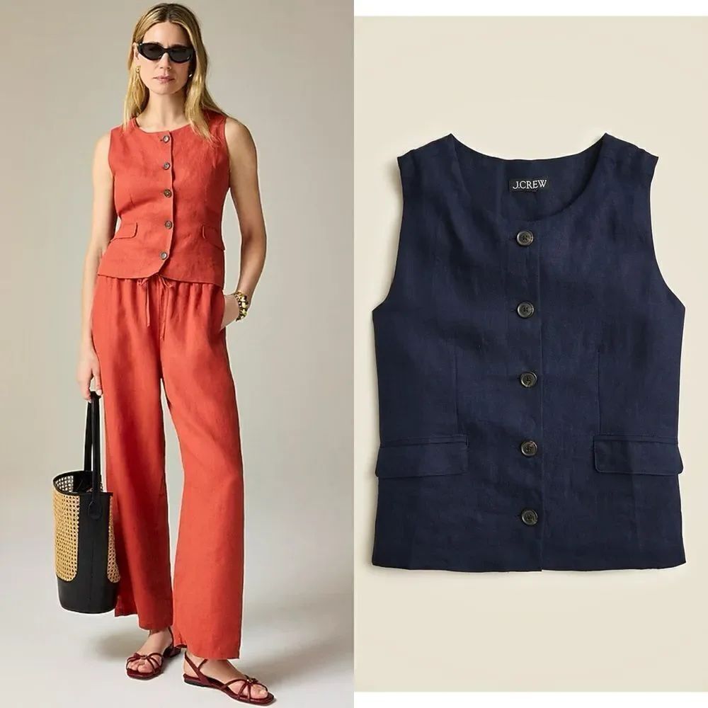 NWT J CREW Crewneck vest in linen in Navy